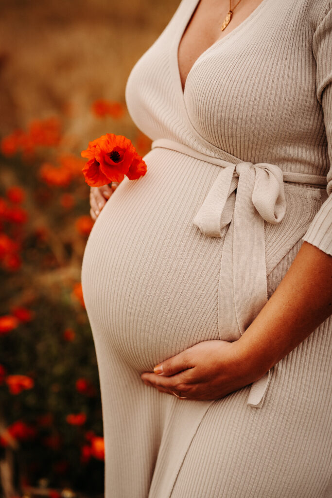 pregnant female standing among blooming poppy field